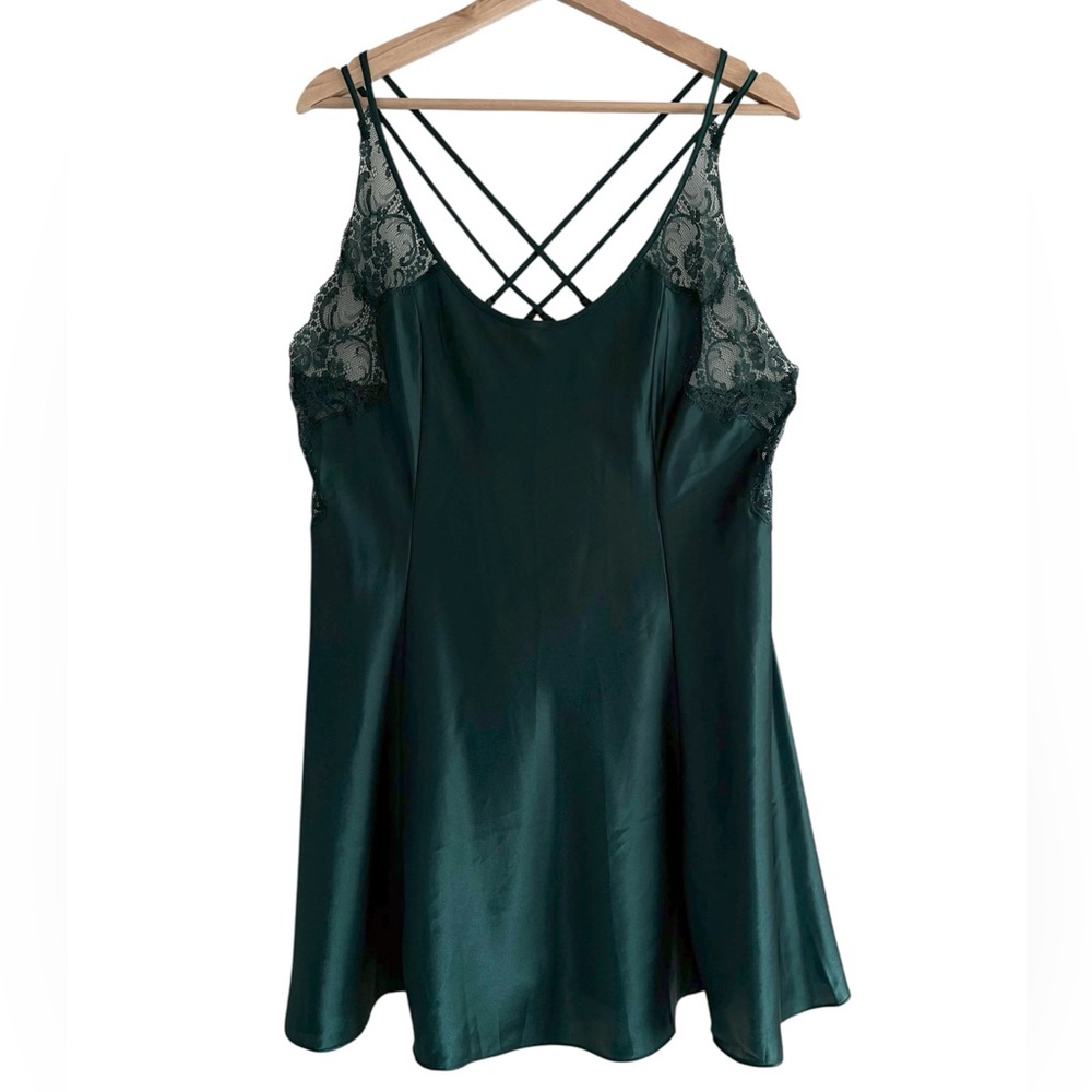 Vintage Victorias Secret Emerald Green Satin Lace Slip Dress Coquette Chemise L